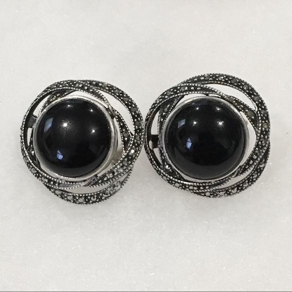 JUDITH JACK Onyx Marcasite Silver Vintage Studs - Picture 9 of 9